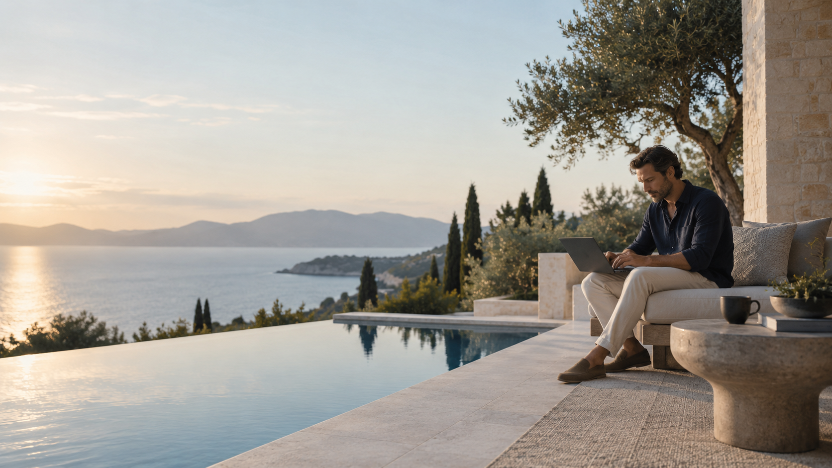 An entrepreneur working quietly above a coastal landscape