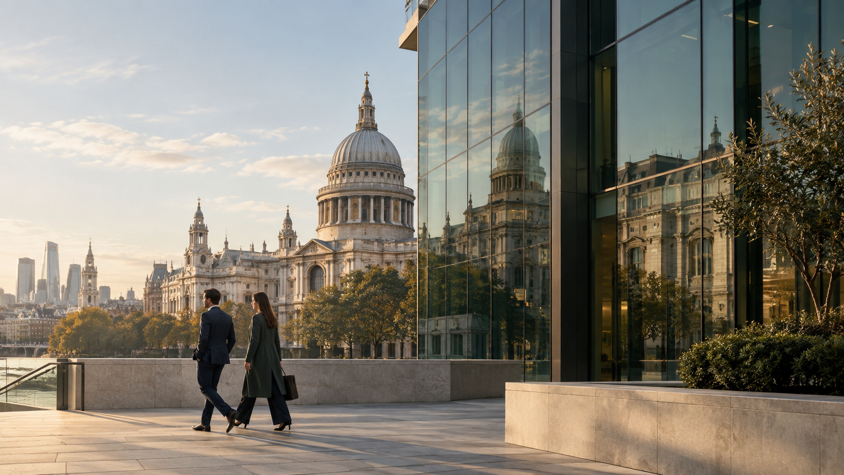 Two business professionals walking together in the City of London