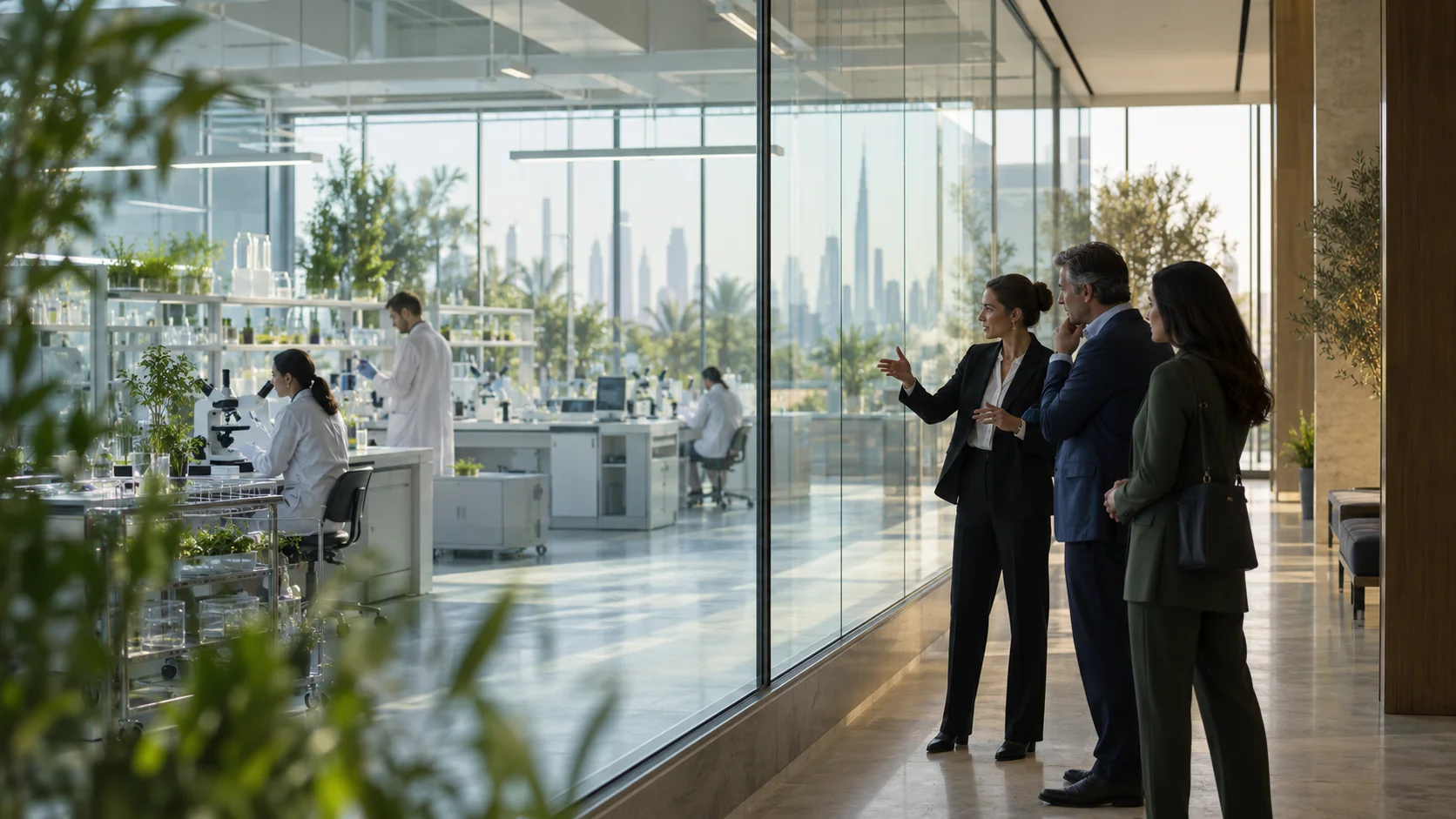 Investors visiting a research laboratory with the Dubai skyline beyond